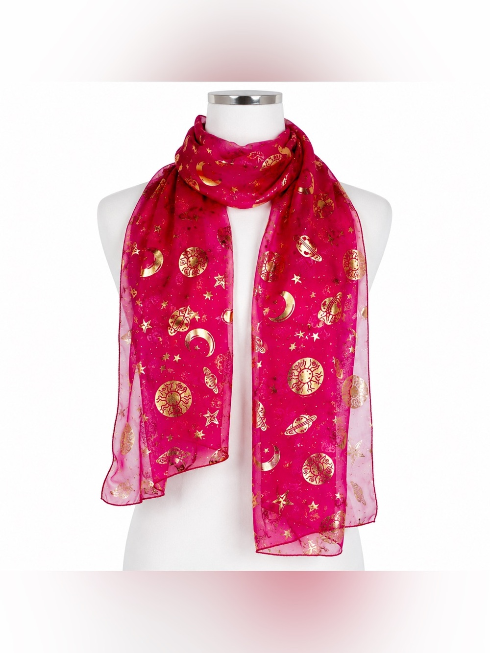 Celestial Sheer Scarf Red Gold Moon Sun Stars Space Wrap